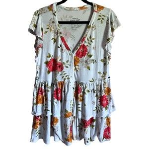 Torrid Super Soft Knits 0 White Floral Button Front Top Flutter Sleeve Ruffled